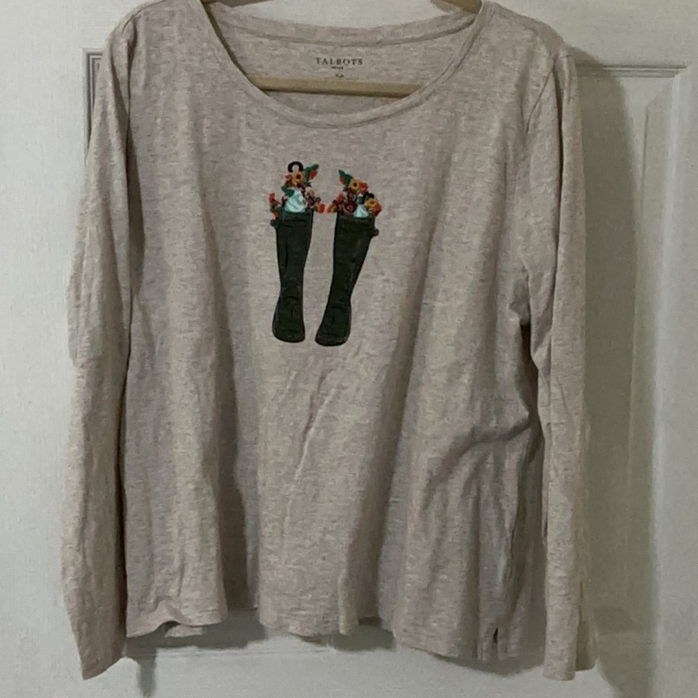 Talbots Light Tan Long Sleeve with Floral Boot Design Petite XL